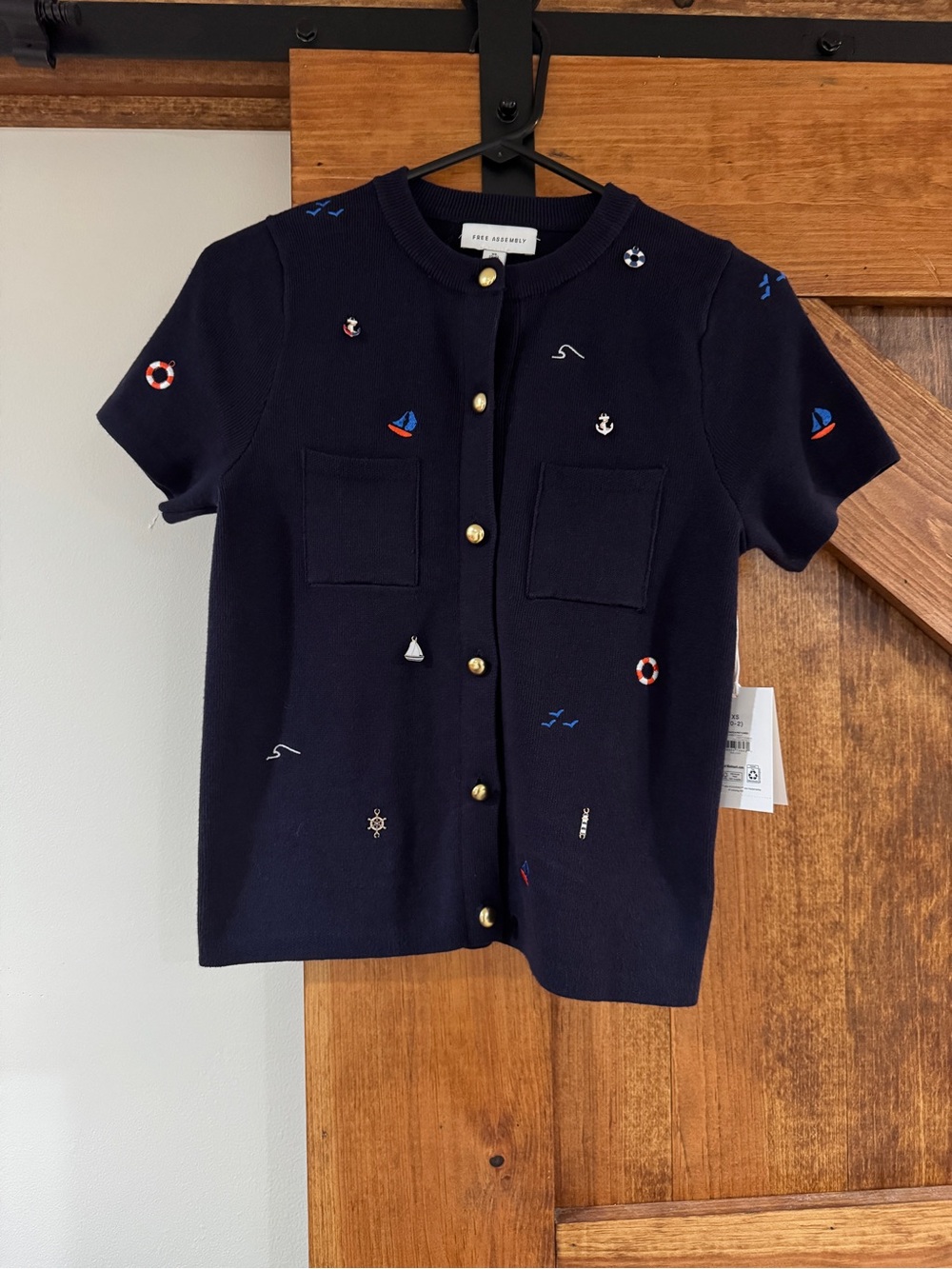 Navy Embroidered Nautical Short-Sleeve Cardigan - Women’s